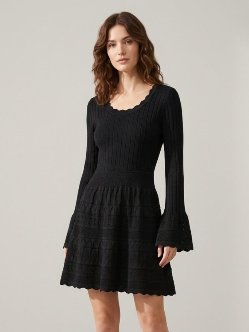 Willow & Wind Mixed Knit Fit & Flare Black Long-Sleeve Knit Fit-and-Flare Dress